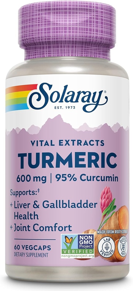 SOLARAY Gurkemeje Supplement 600mg - Gurkemeje rod med 95% Curcumin - Fælles Support - Fælles Sundhed, Gallablære og Lever Support, Non- GMO, Vegan, Gluten Free, 60- Day Garanti, 60 Servering