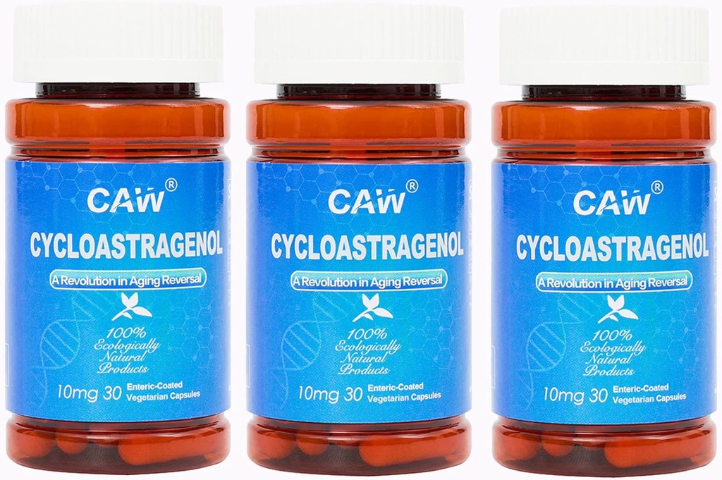 CAW Hypersorption Cycloastagenol 98% 10mg 30 Kapsler: 124; Telomer Lengthen DNA Reparation: 124; Non- GMO, Lavet i USA; Enteric- Coated Vegetary Capsules (3 flasker)