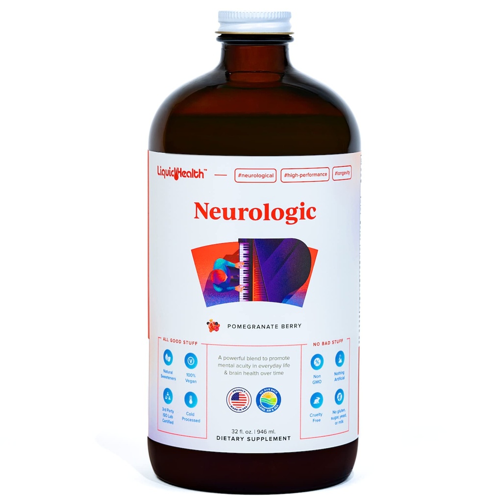 LIQUIDHealth Neurologisk Focus Supplement - Brain Booster Nootrop Supplement til kognitiv funktion, hukommelse & fokus med Ginkgo Biloba, Cholin, L- Theanine & Phosphatidylserin - USA Made (32 oz)