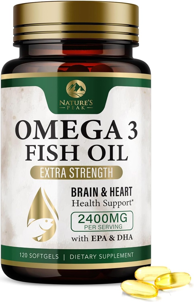 Omega 3 Fish Oil Pills 2400mg - Triple Strength Omega 3 Fish Oil Supplements - Best EPA & DHA Fedtsyrer til hjerne & hjerte Health Support, Nature 's Omega3 Supplement, 60 Day Supply - 120 Softels