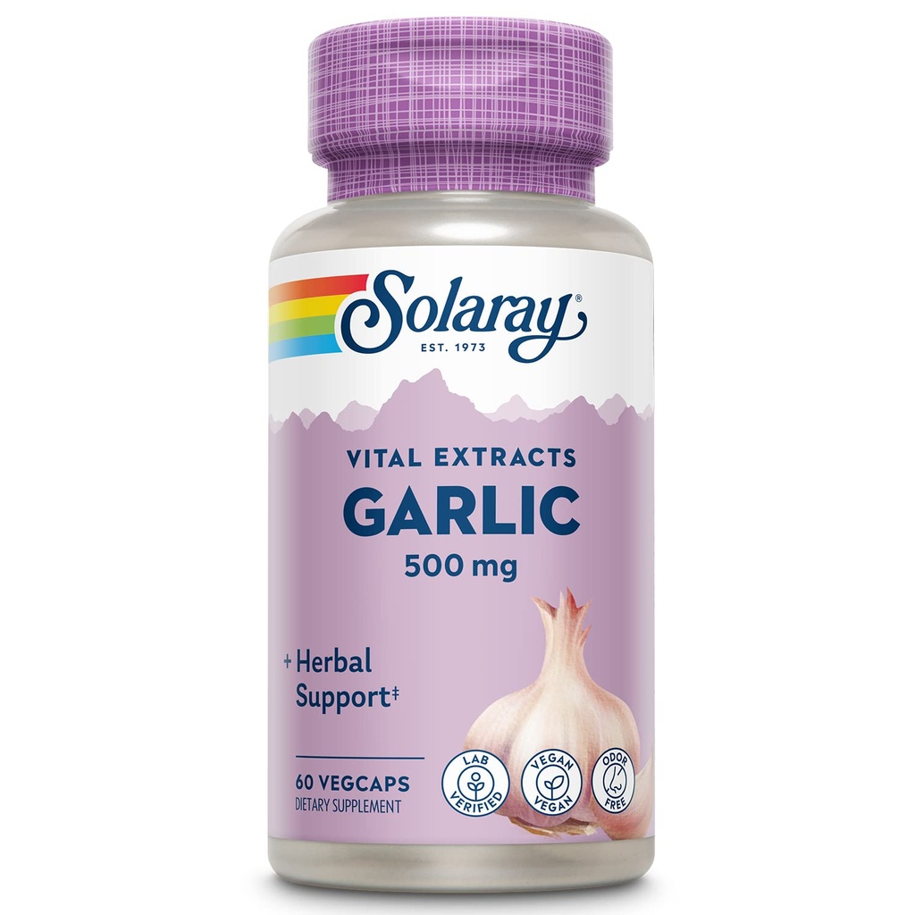 SOLARAY hvidløg Supplement 500mg, Vegan, Odorless hvidløg ekstrakt, Traditionelt anvendes til hjerte sundhed og immunforsvar, Vegan, Odor Free, Lab Verified, 60 Day Garanti, 60 Serv, 60 Enteric VegCaps