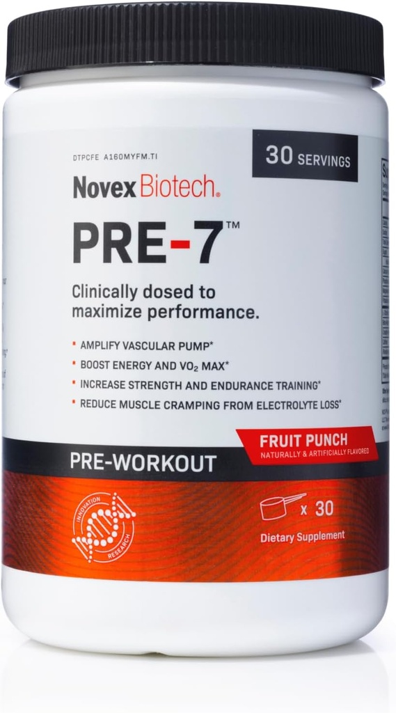 Novex Biotech PRE- 7 Pre- workout pulver til mænd - Boost Energy, Focus, og VO2 max, Support Hydration Under langvarig øvelse *, Frugt Punch