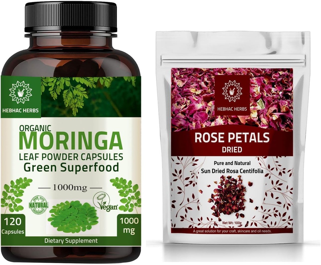 Moringa Kapsler 120 Kapsler og Rose Petal Tørret 200 g