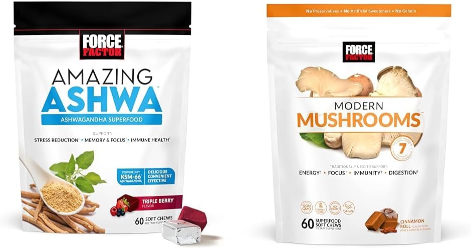 Force Factor Ashwagandha & Mushroom Kosttilskud Bundle med KSM- 66 Ashwagandha, 7 Mushrooms, 60 Soft Chews Hver