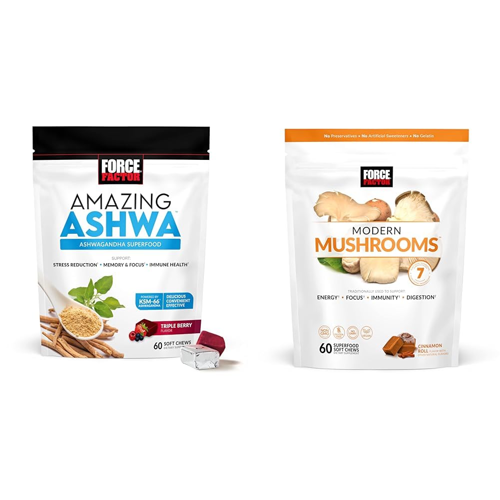 Force Factor Ashwagandha & Mushroom Kosttilskud Bundle med KSM- 66 Ashwagandha, 7 Mushrooms, 60 Soft Chews Hver