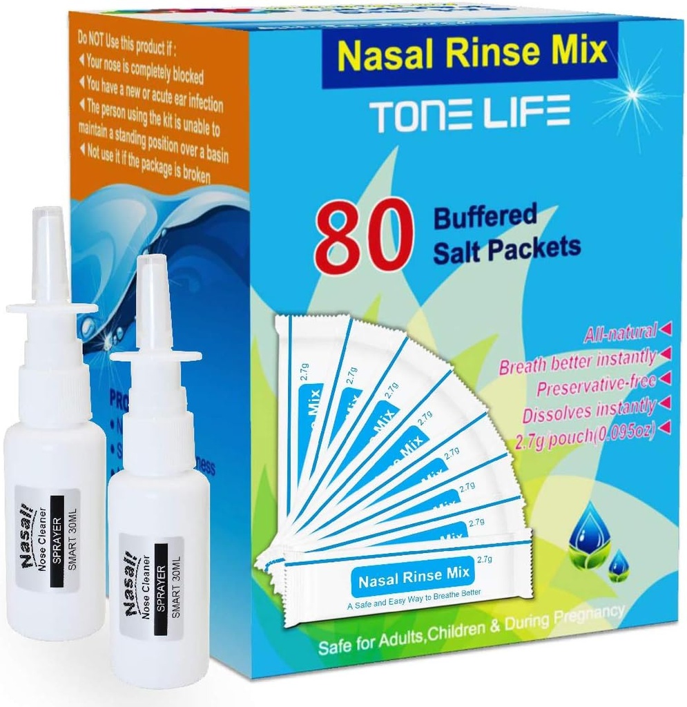 TONELIFE 80 Count Saline Nasal Care Refills + 2 Nasal Sprayer - Nasal Salt 2.7g Hver Pouch • 124; Refill Kit • 124; 80 Buffered Salt Pakker • 124; for 300ml 500ml Sinus Rinse Kit- Næse Cleaner- Nasal Wash Bottle