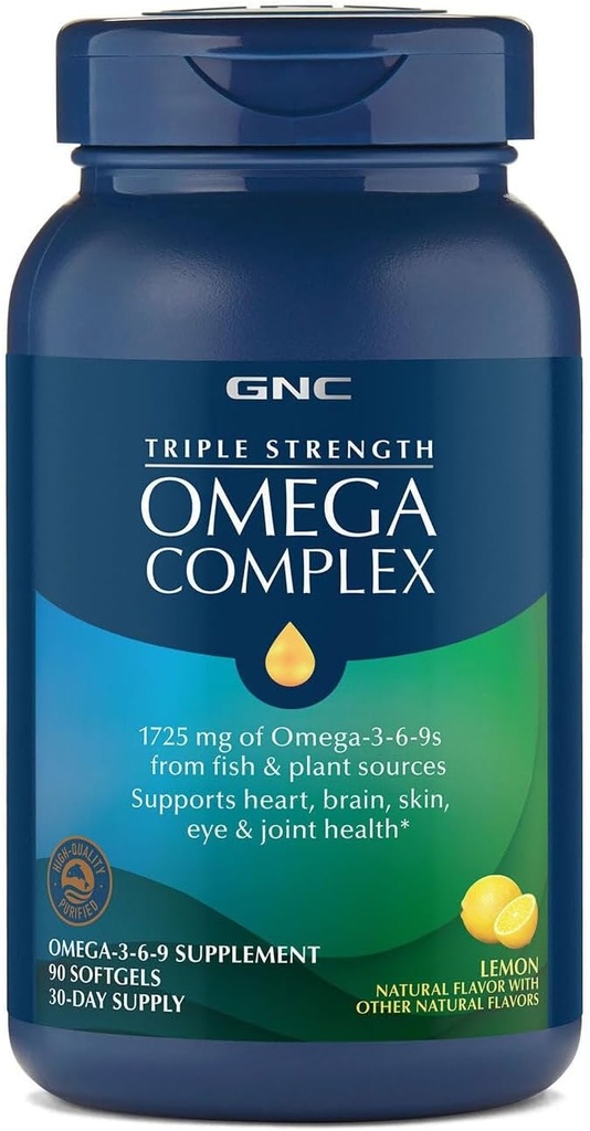 GNC tredobbelt styrke Omega Complex Omega 3, 6, 9 Supplement, 1725mg, Lemon Flavor, understøtter hjerte, hjerne, hud, øje og fælles sundhed, 90 Softgels