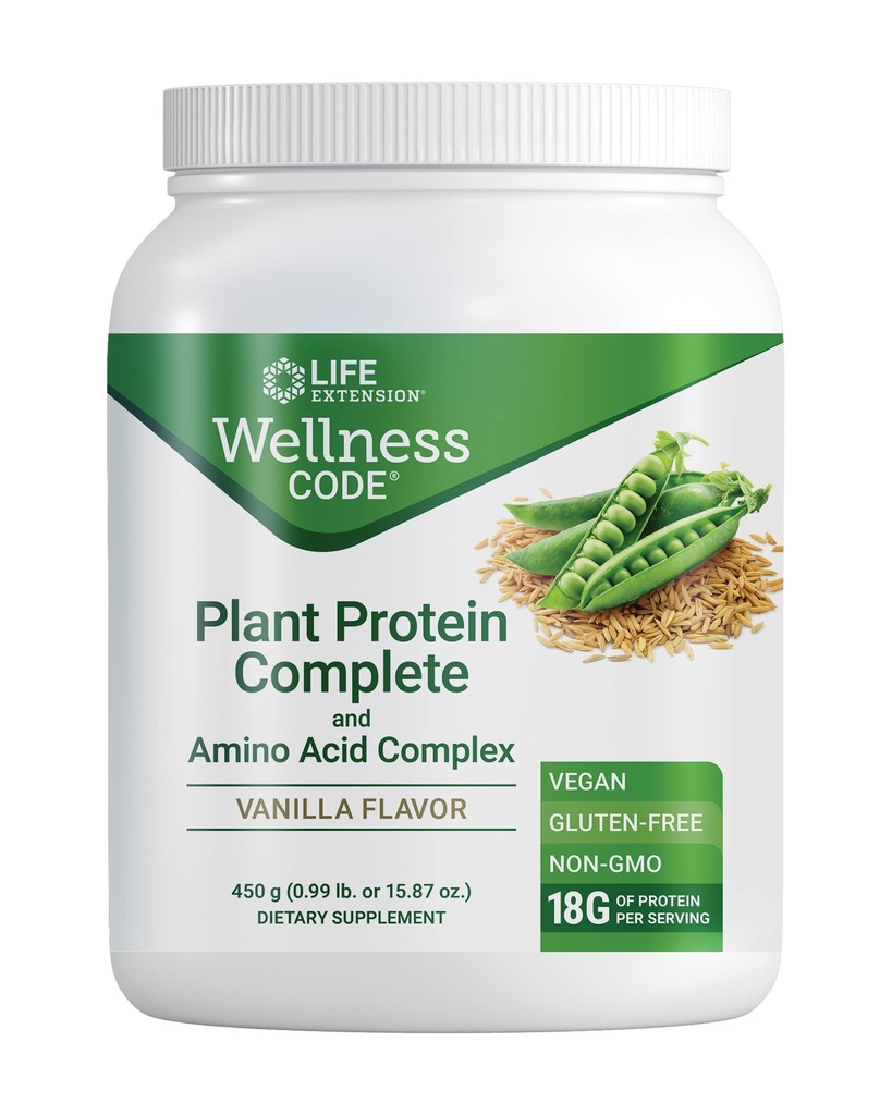 Life Extension Wellness Code ® Plant Protein Complete & Amino Acid Complex (Vanilla), Plant-Based Protein Powder Plus branched- Chain Aminosyrer, Gluten- Free, Non- GMO, Vegetar, 450 Grams