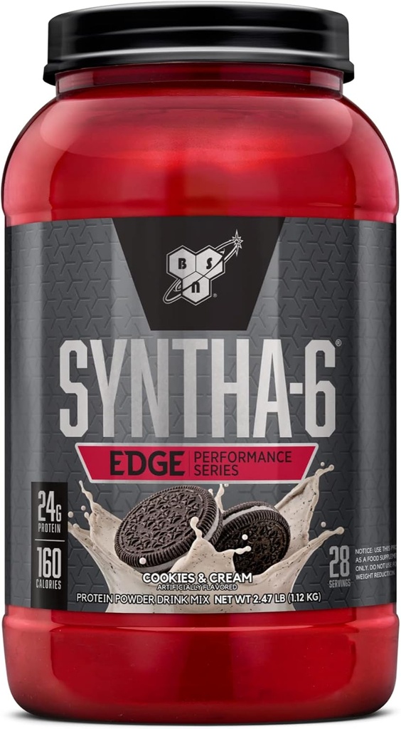 BSN SYNTHA- 6 Edge Protein Powder, with Hydrolyzed Whey, Micellar Casein, Milk Protein Isolate, Low Sugar, 24g Protein, Cookies N Cream, 28 Servere