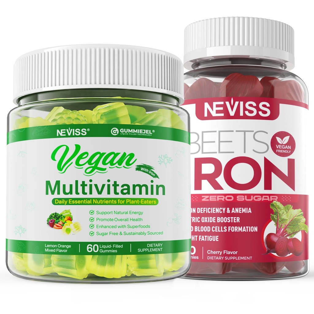Vegansk jerngummier med Vegansk Multivitamin til Kvinder Mænd med jern, B12 Vitamin, A, D3, K2, Alger Omega 3, Magnesium, Zink