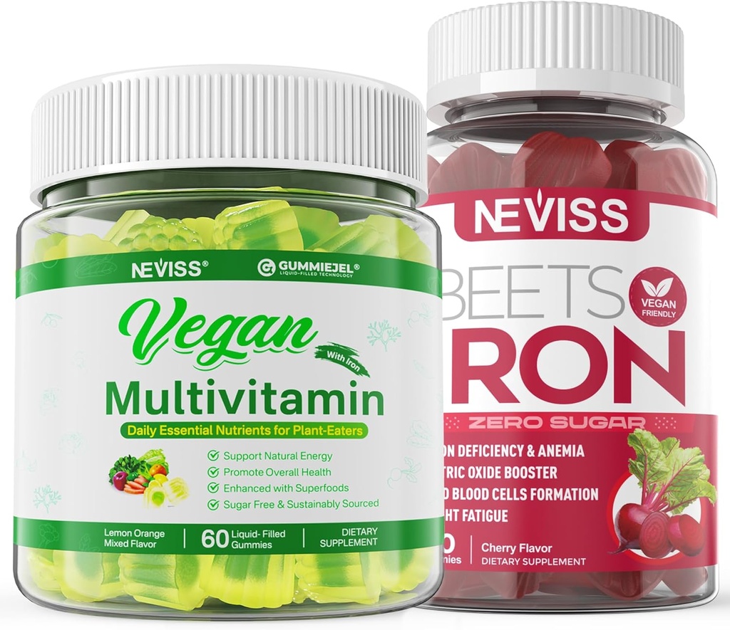 Vegansk jerngummier med Vegansk Multivitamin til Kvinder Mænd med jern, B12 Vitamin, A, D3, K2, Alger Omega 3, Magnesium, Zink