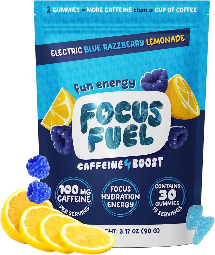 FocusFuel Energy Chews - Blue Razzberry Lemonade (15 Servere) - 100mg koffein + Alpha GPC + L- Theanine + B12, Magnesium - Great Taste - Ingen Crash eller Jitters
