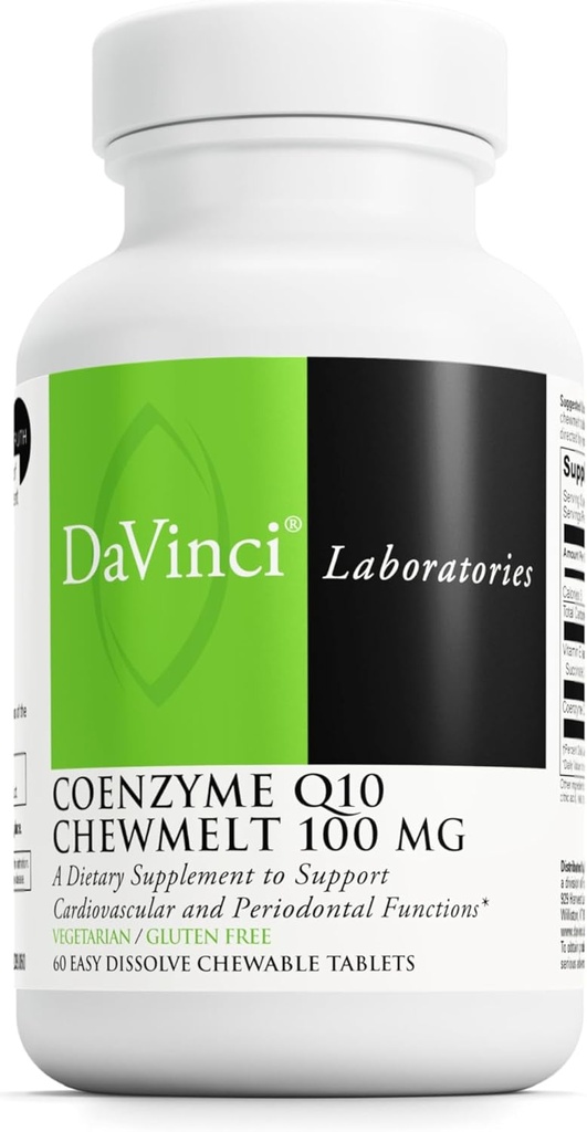 DAVINCI Labs Coenzym Q10 Chewmelt 100mg - Understøtter lever, hjerne, hjerte sundhed & mere med E-vitamin & CoQ10 * - 60 tyggetabletter