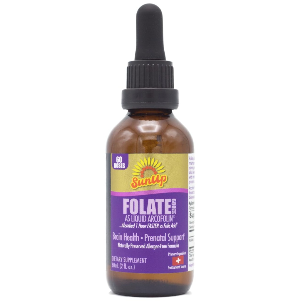 SunUp Flydende methylfolat er 124; schweizisk kilde er 124; naturlig formel er 124; prænatal + Brain Health Support