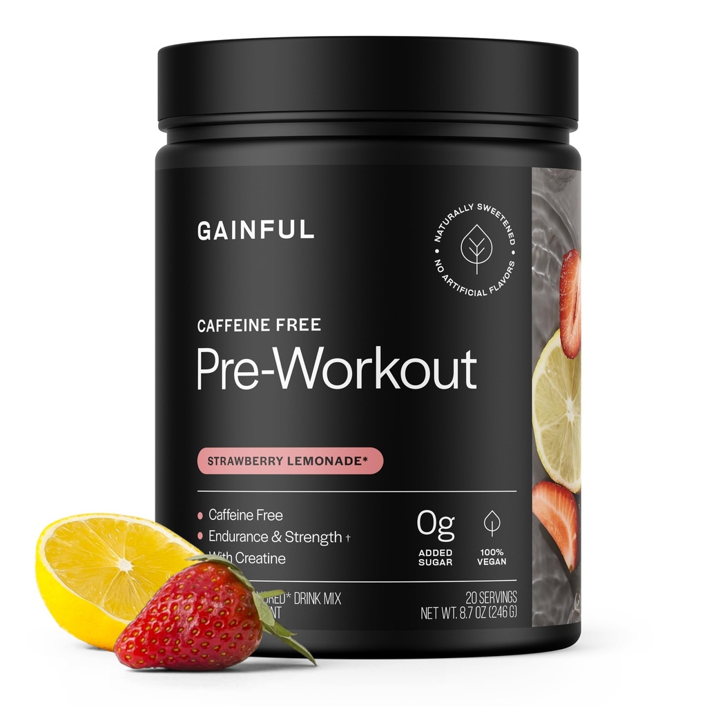 Gainful Koffein Free Pre Workout Powder with Creatin, Strawberry Lemonade Flavor, Understøtter Styrke, Endurance, & Inddrivelse, BCAA, Beta Alanine, L- Citrulline, Ingen kunstige ingredienser, 20 Serveringer