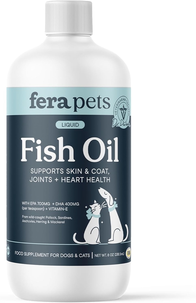 Fera Kæledyr Fish Oil - Omega 3 for hunde og katte til støtte Joints, hjerte, hud og coat sundhed - Ikke GMO med vitamin E - 8 oz