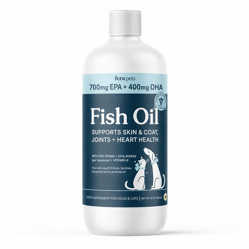 Fera Kæledyr Fish Oil - Omega 3 for hunde og katte til støtte Joints, hjerte, hud og coat sundhed - Ikke GMO med vitamin E - 8 oz