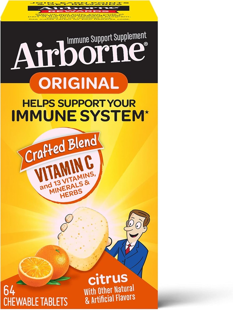 Airborne 1000mg C-vitamin tyggetabletter med zink, immunsupporttillæg med stærke antioxidanter Vitamin A C & E - 64 tyggetabletter, Citrus Flavor