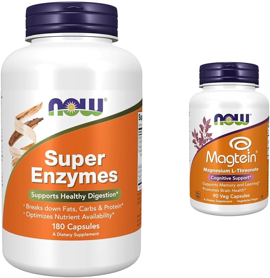 NU Kosttilskud, Super Enzymes, Formuleret med Bromelain, Ox Bile, Pancreatin og Papain, 180 Kapsler & Kosttilskud, Magtein ™ med patenteret form af Magnesium (Mg), Kognitiv Support *, 90 Veg Kapsler