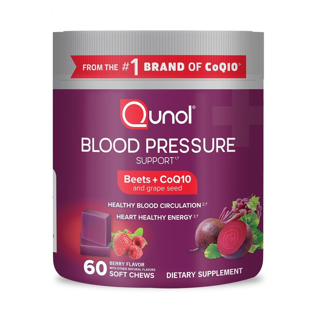 Qunol Beets Chews for Blood Pressure Support, 3 i 1 Beets + CoQ10 + Grape Seed Extract, Understøtter sund blodcirkulation og hjerte sund energi, 60 Chews