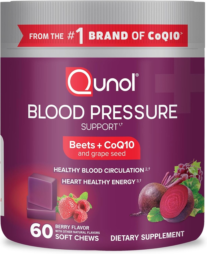 Qunol Beets Chews for Blood Pressure Support, 3 i 1 Beets + CoQ10 + Grape Seed Extract, Understøtter sund blodcirkulation og hjerte sund energi, 60 Chews