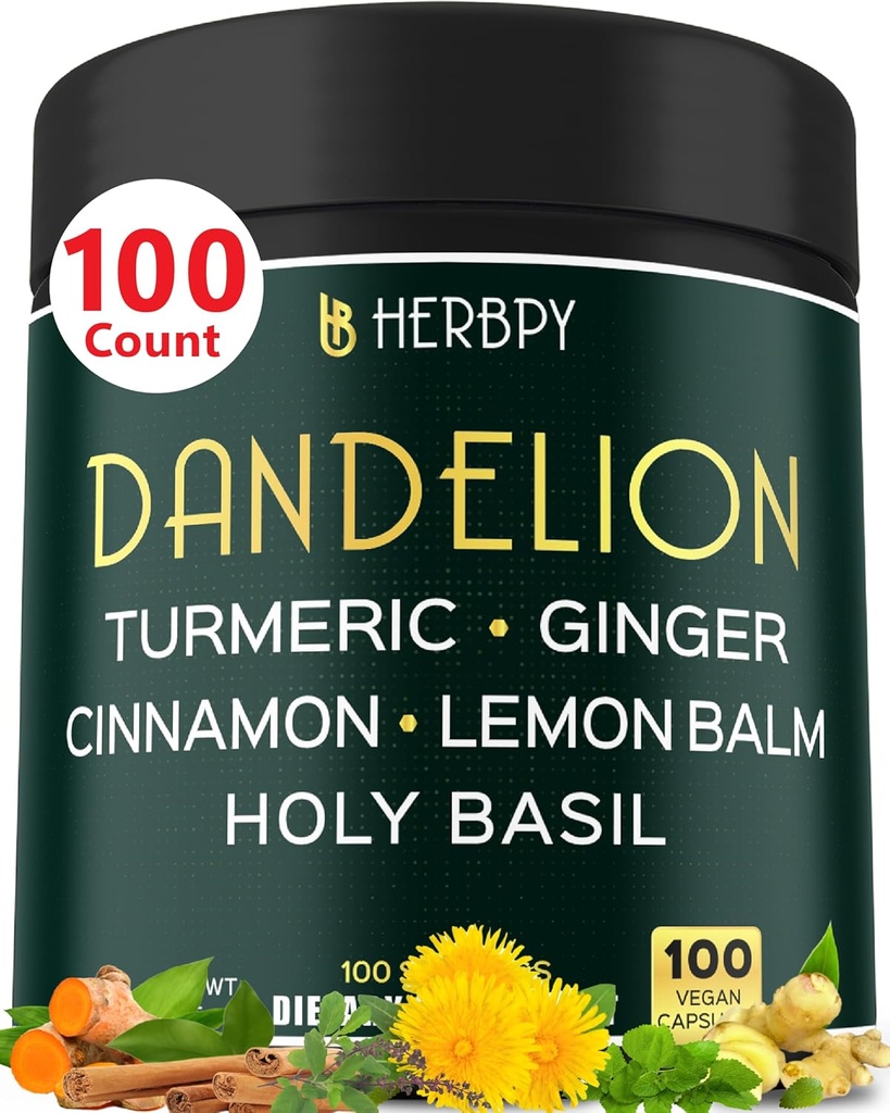 Mælkebøtte tillæg 7500mg 6in1 til fordøjelse, hjerte sundhed & immunforsvar - blandet med ingefær, gurkemeje, Cylon kanel, Lemon Balm & Holy Basil - 100 Mælkebøtter