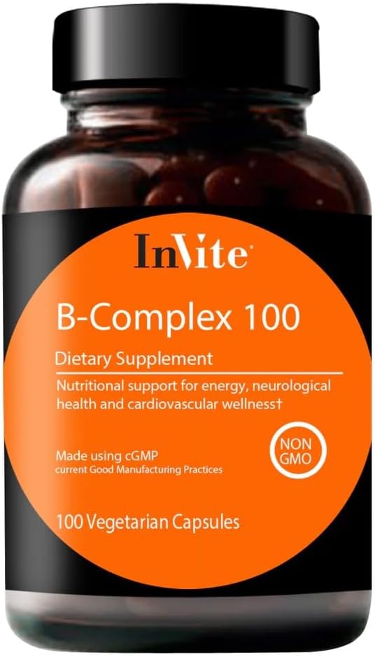Inviter sundhed B- Complex 100 - Understøtter mood, energi, immunforsvar & Samlet wellness - 100 dages forsyning - 100 vegetariske kapsler