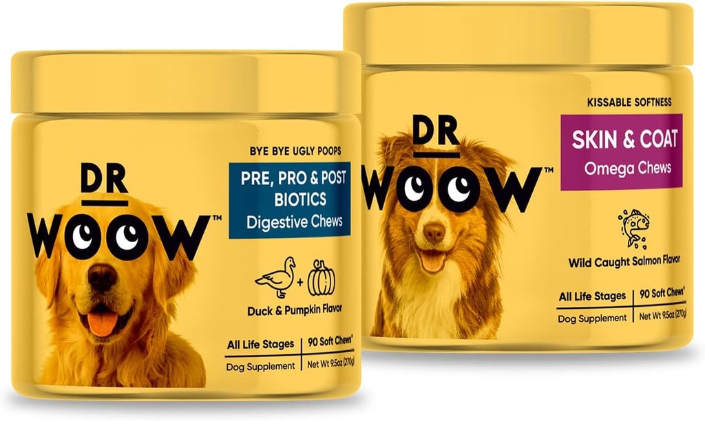 Pre, Pro, PostBiotic + Laks SkinHealth Soft Chew Supplement Bundle - Hund Vitamin, Zink, Biotin, Probiotika, Omega 3 Fish Oil, og Wild Alaska Salmon Oil, Cure Itchy Hud