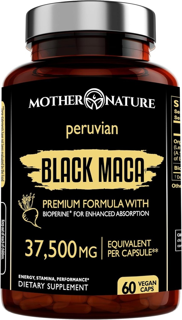 Black Maca Root 50:1 Extract 37,500mg – 60 Capsules Organic Peruvian Maca Peruana Supplement for Men | High Potency Energy, Mood & Performance Support | Vegan, Non-GMO