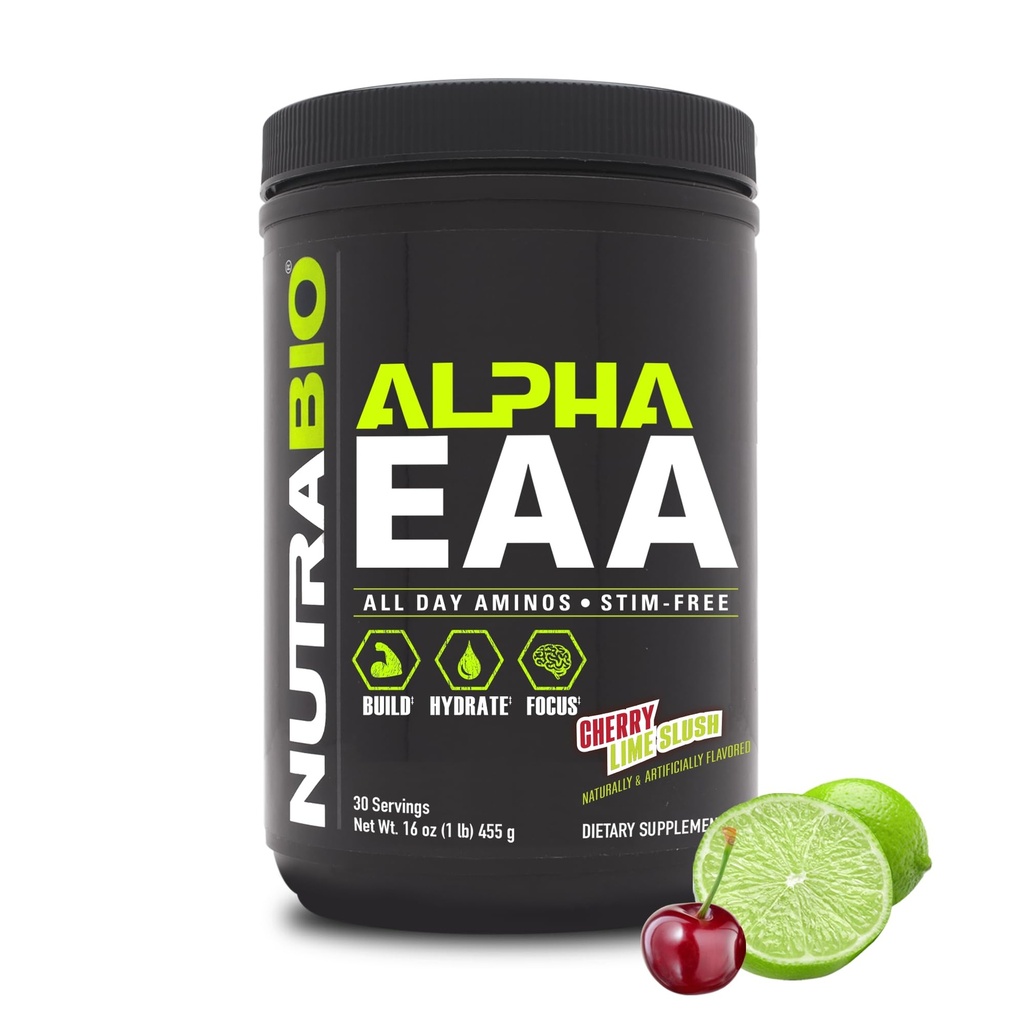 NutraBio Alpha EAA - All- Day Aminosyrer til muskelvækst og hydrering - Essentielle Aminosyrer med Nootropics & Adaptogen- Full Spectrum EAA BCAA Powder - 30 Servering - Cherry Lime Slush