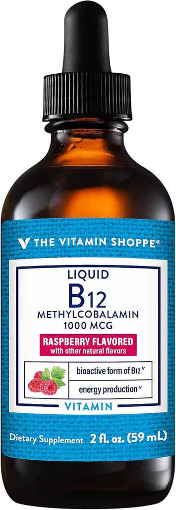 Den Vitamin Shoppe Flydende B12 Methylcobalamin - Energiproduktion - 1.000 MCG - Hindbær (2 fl. oz.)