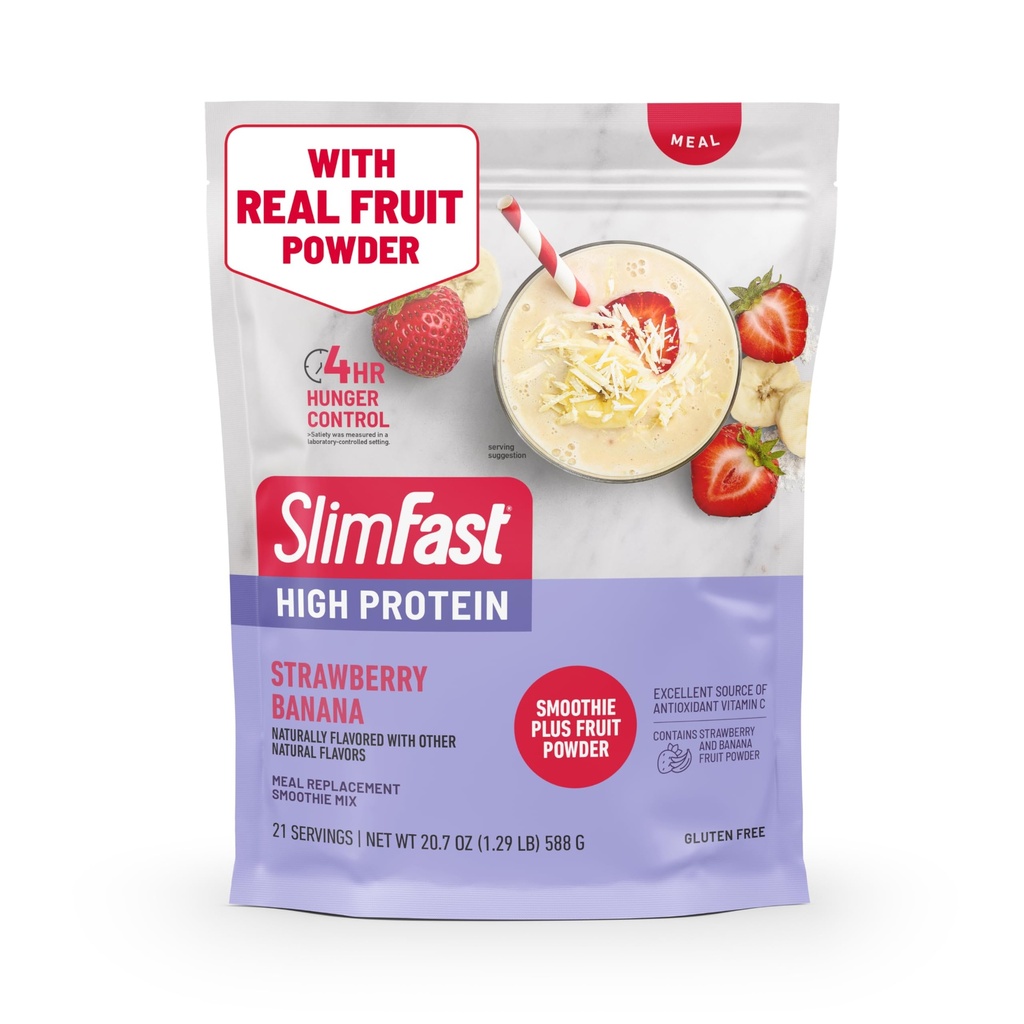 SlimFast High Protein Smoothie Mix Plus Fruit Powder, High Protein Meal Erstatning Powder, Fiber, C-vitamin, 21 Servere, 1.29 Pounds, Strawberry Banana (Packaging May Vary)