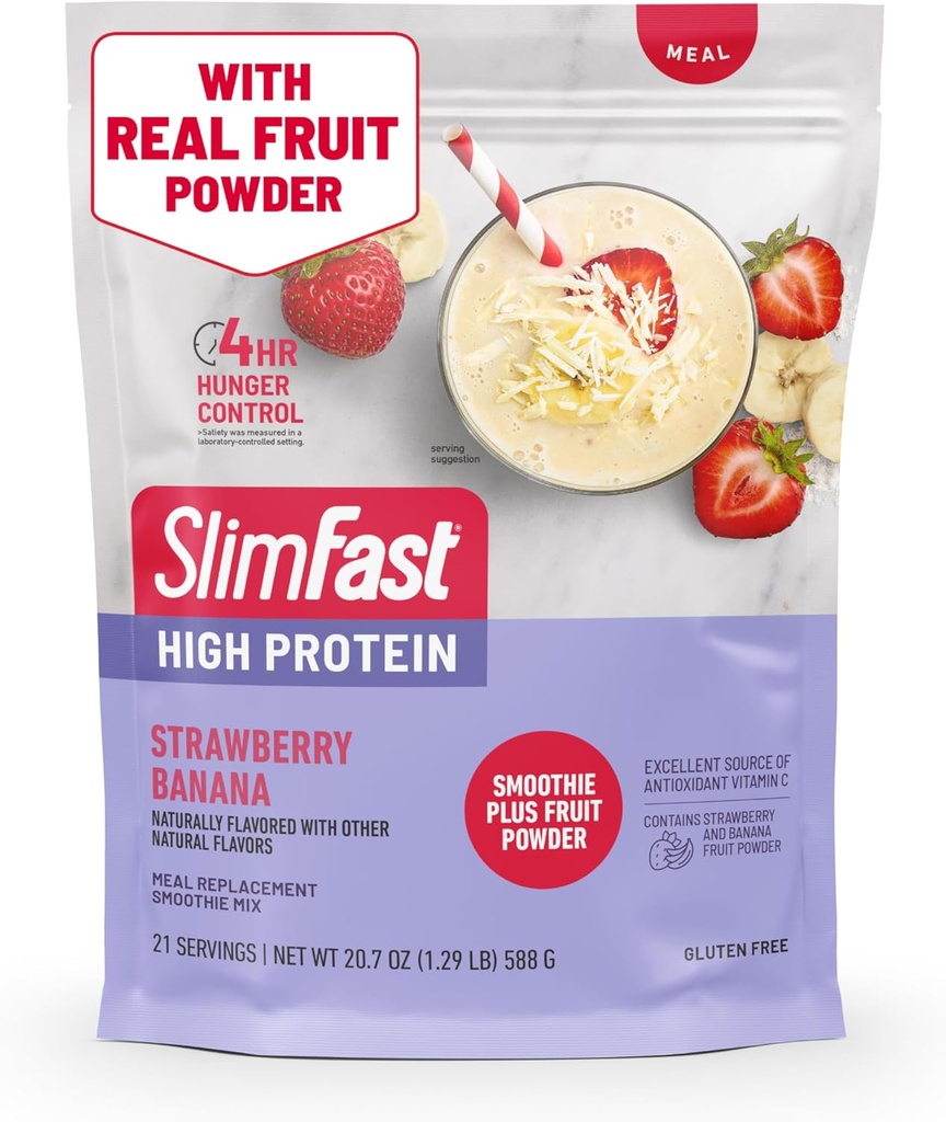 SlimFast High Protein Smoothie Mix Plus Fruit Powder, High Protein Meal Erstatning Powder, Fiber, C-vitamin, 21 Servere, 1.29 Pounds, Strawberry Banana (Packaging May Vary)