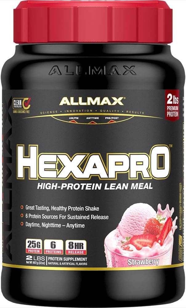 ALLMAX HEXAPRO, Jordbær - 2 LB - 25 gram protein per servering - 8-timers Vedvarende udgivelse - Zero Sugar - 21 Servere