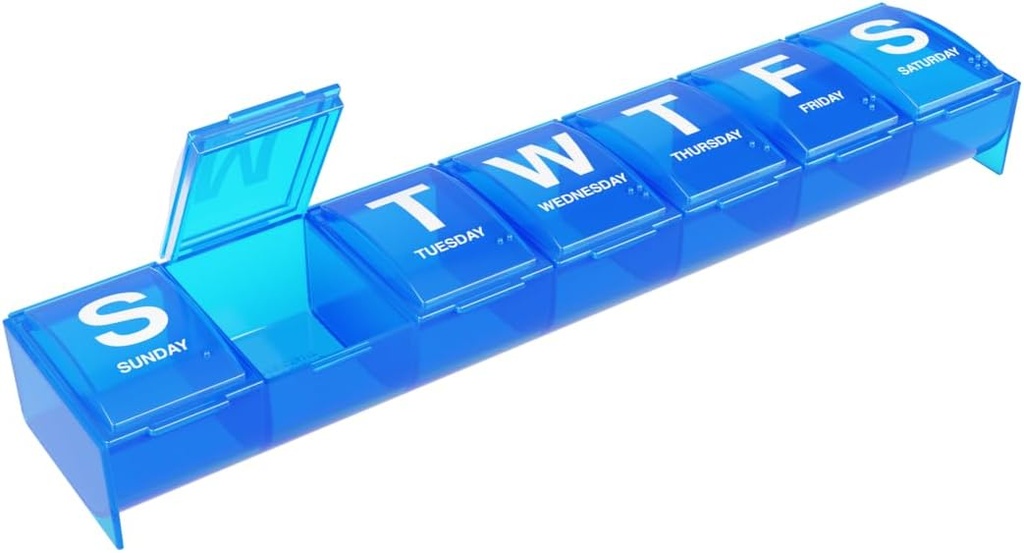 EZY DOSE Weekly (7-dag) Pill Case, Medicine Planner, Vitamin Organizer, 2X- Store Contoured Compartments for Easy Pill Removal, Color May Vary, BPA Free