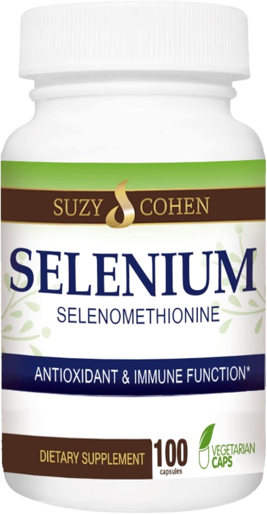 Suzy Cohen Selenium Supplement 200 mcg, Opretholde sundt hjerte, immunsystem, Support Thyroid, Prostrate Funktion, Gær Free Chelated Tummy Friendly Aminosyre, Meget biotilgængelig, 100 Veg Capsule