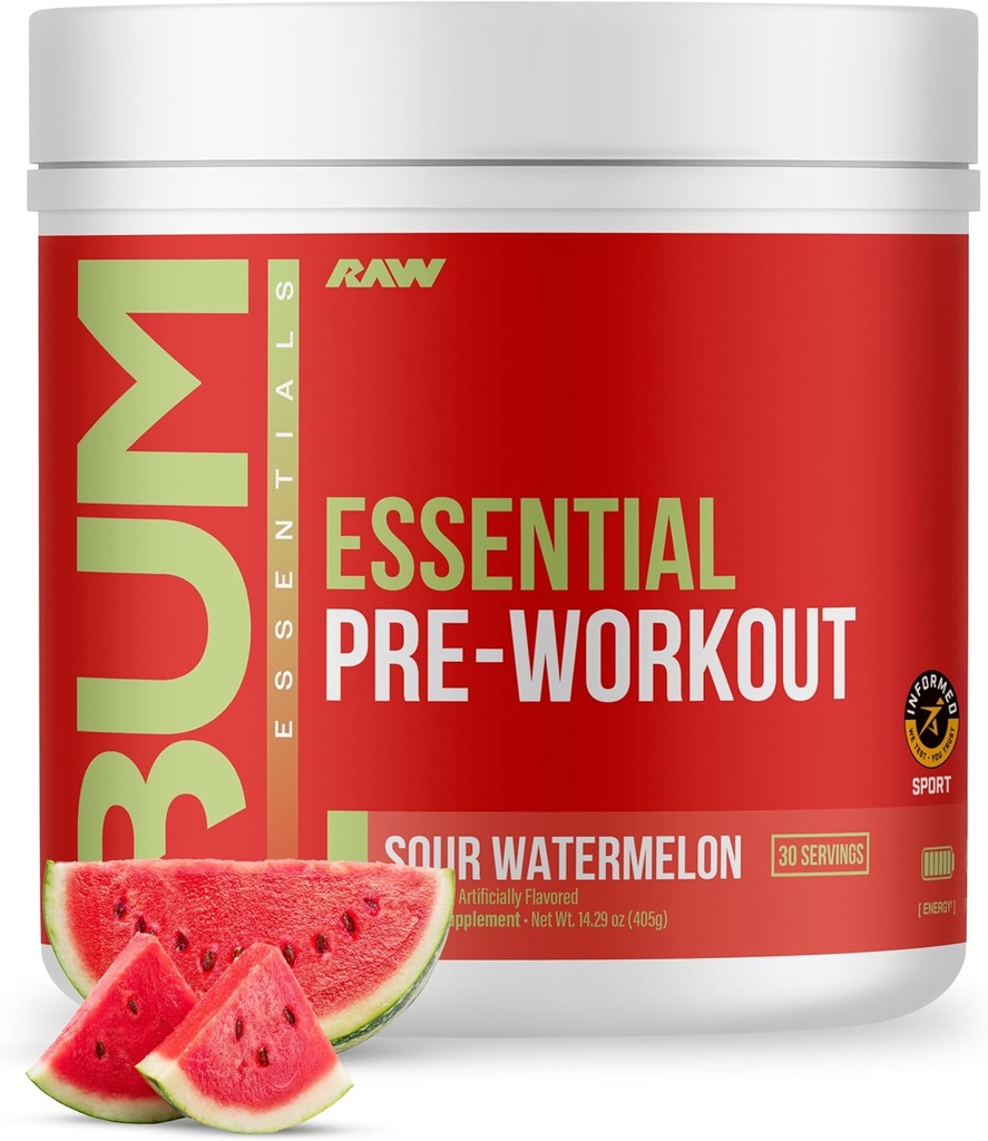 RAW Essential Pre- Workout Powder (Sour Watermelon) - Chris Bumstead Sport Nutrition Supplement for mænd og kvinder - Preworkout Energy Powder med koffein, L-Citrullin, L-Tyrosin, & Beta Alanine Blend