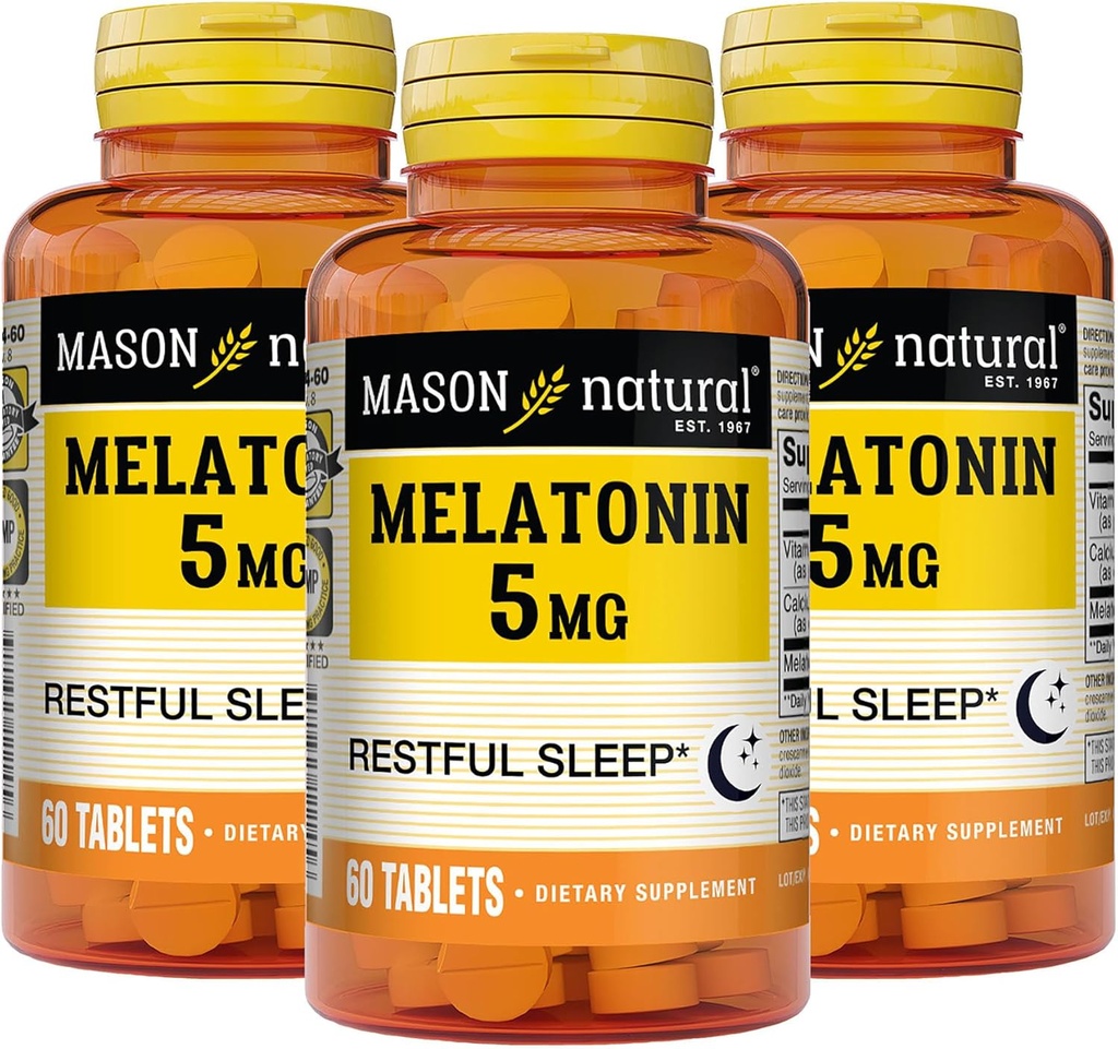MASON NATURAL Melatonin 5 mg med B6 og calcium - Natural Sleep Aid, Understøtter sund søvn & hvile, 60 tabletter (pakke med 3)