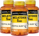 MASON NATURAL Melatonin 5 mg med B6 og calcium - Natural Sleep Aid, Understøtter sund søvn & hvile, 60 tabletter (pakke med 3)