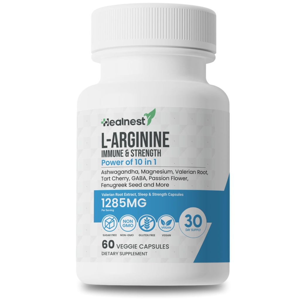 L- argininkapsler - 1285MG Blend of Ashwagandha, L- Theanine, Magnesium, GABA, Zink & Tart Cherry - Muscle Recovery, Stress Relief, Mood Support - Non-GMO, 60 Veggie kapsler til mænd og kvinder