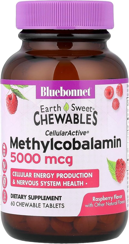 BlueBonnet Nutrition Earth Sweet ® Chewables, CellularActive ® Methylcobalamin, Hindbær, 5.000 mcg, 60 tyggetabletter