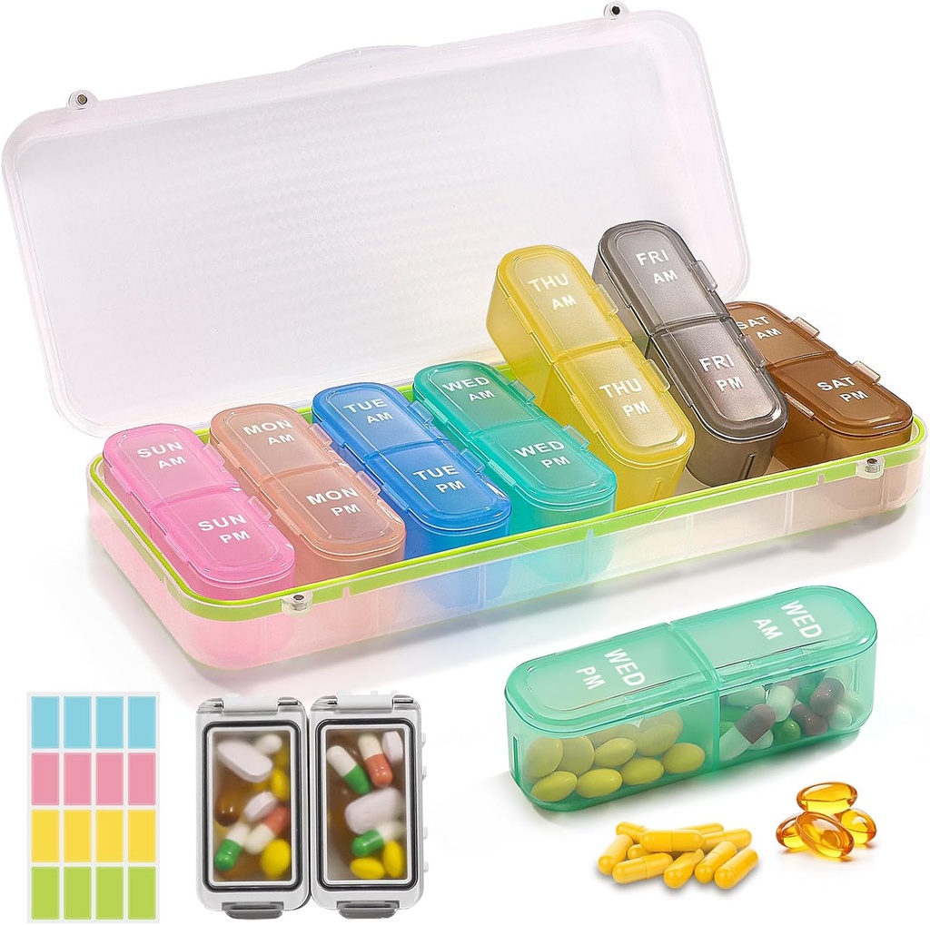 Ugentlig Pill Organizer 2 gange om dagen + 2 Aftagelige Pill Organizer kit - AM PM Travel Pill Organizer for Vitamin Medicin Supplement Fish Oil, White Daily Pill Case 2 gange om dagen