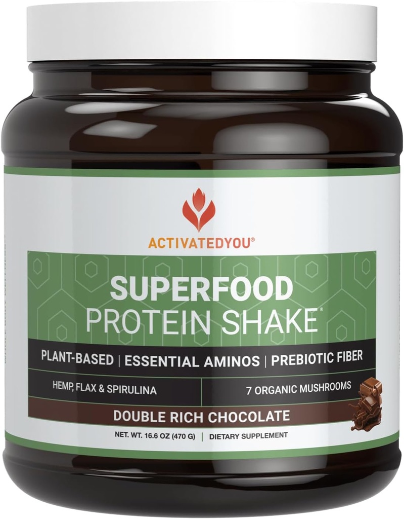 ACTIONSATEDYE Superfood Protein Shake - Vegan Plant Protein Powder - med Organic 7 Mushroom Blend, Spirulina og GoldRella Chlorella - fremmer muskel integritet, Chokolade Flavor (15 Servere)