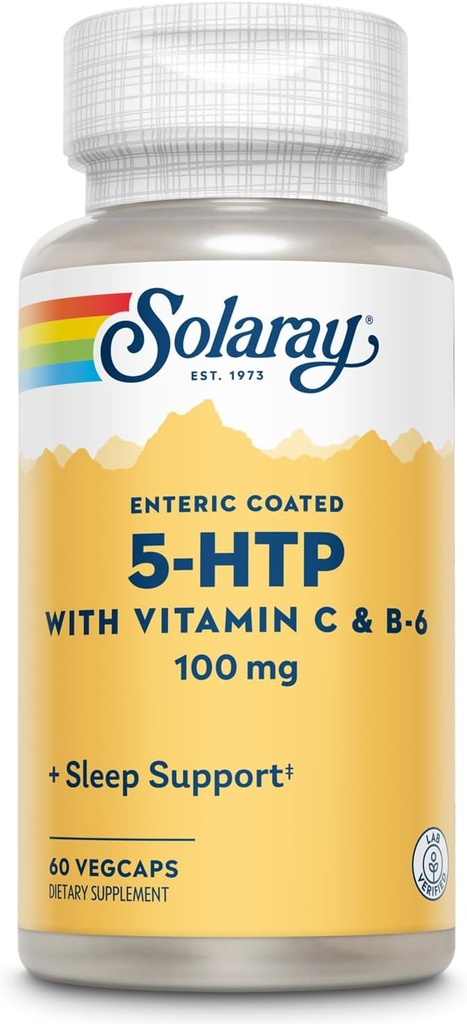 SOLARAY 5 HTP tillæg med C-vitamin & B- 6 - Sovetilskud og Serotonin Syntese Support - Lab Verified, 60-Day Money- Tilbage Garanti - 60 Servere, 60 Enteric Overtrukket VegCaps