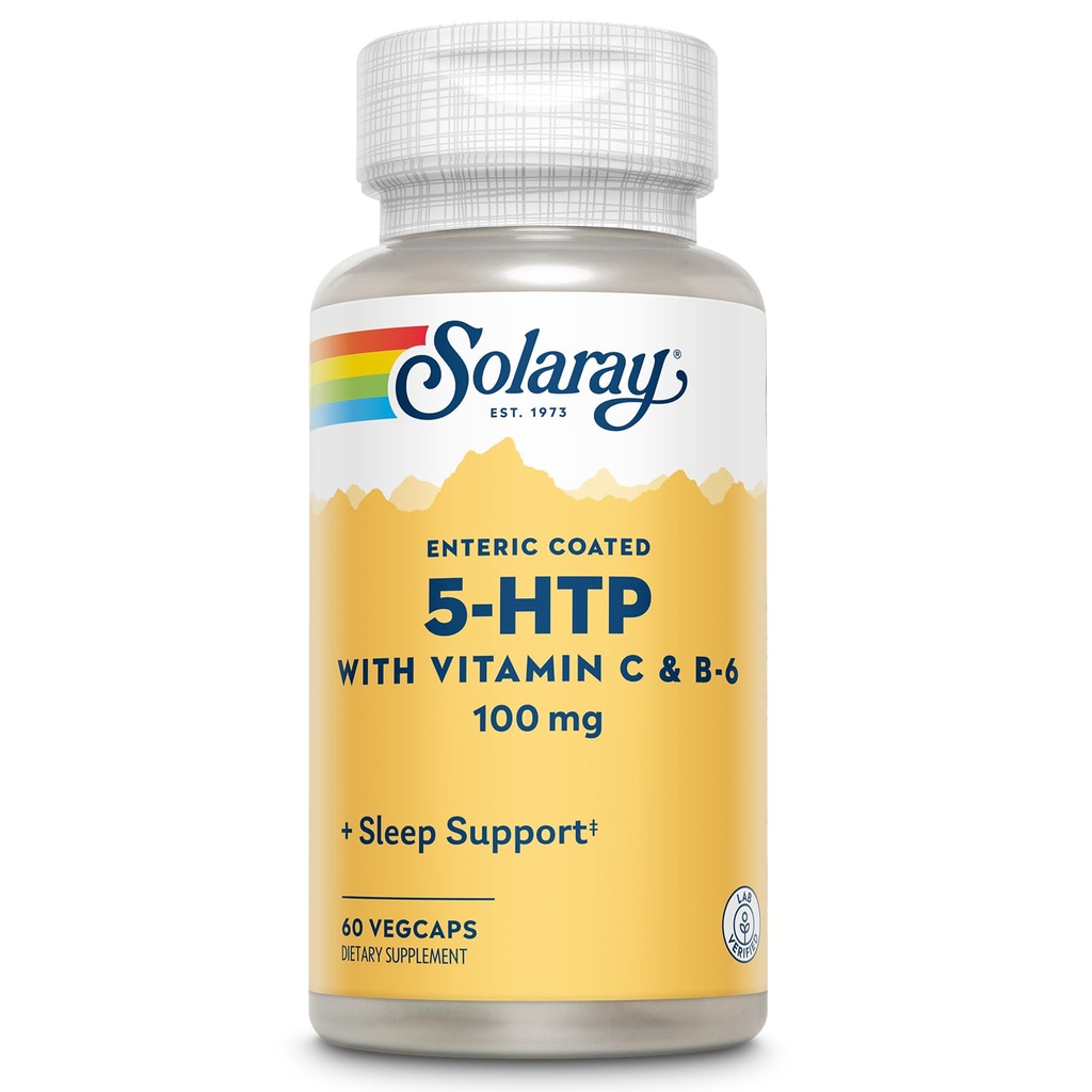 SOLARAY 5 HTP tillæg med C-vitamin & B- 6 - Sovetilskud og Serotonin Syntese Support - Lab Verified, 60-Day Money- Tilbage Garanti - 60 Servere, 60 Enteric Overtrukket VegCaps