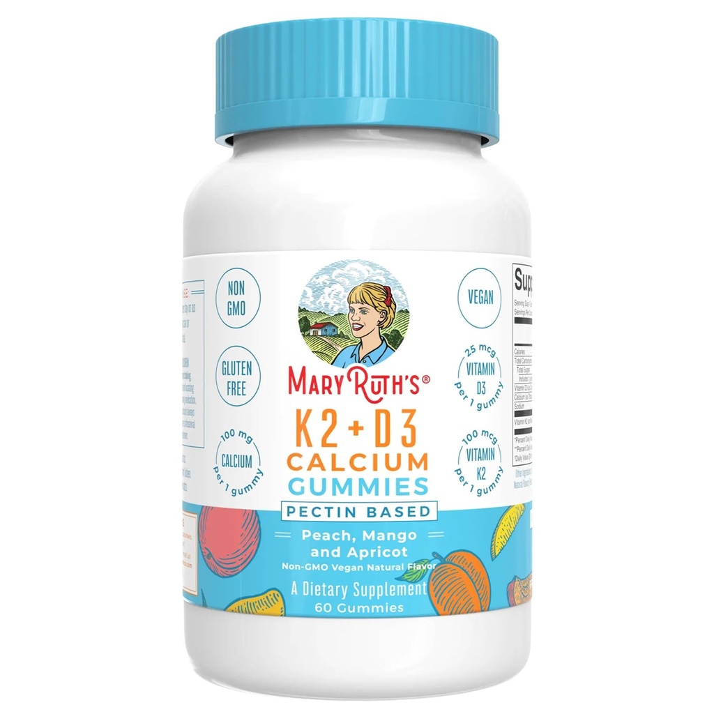 MARYRUTH Organics Calcium med vitamin D & vitamin K2, 2 måneder Tilgang, Calcium supplement understøtter Bone Sundhed & fælles støtte, med Vitaminer D3 K2 Gummies, Vegan, Non- GMO, Gluten Free, 60 Greve