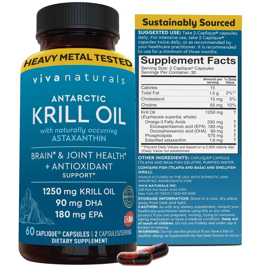 Viva Naturals Antarktiske Krill Oil Omega 3 Kosttilskud 1250 mg - DHA EPA Omega-3 & Astaxanthin Koncentration for fælles sundhed, Ingen fisk Burp - 60 Krill Oil Kapsler