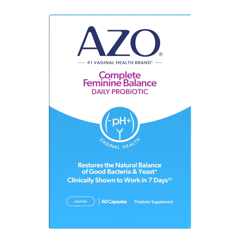 AZO Complete Feminin Balance Daglig Probiotika for kvinder, Klinisk bevist at hjælpe med at beskytte vaginal sundhed, Hjælper balance pH og gær, Non- GMO, 60 Greve