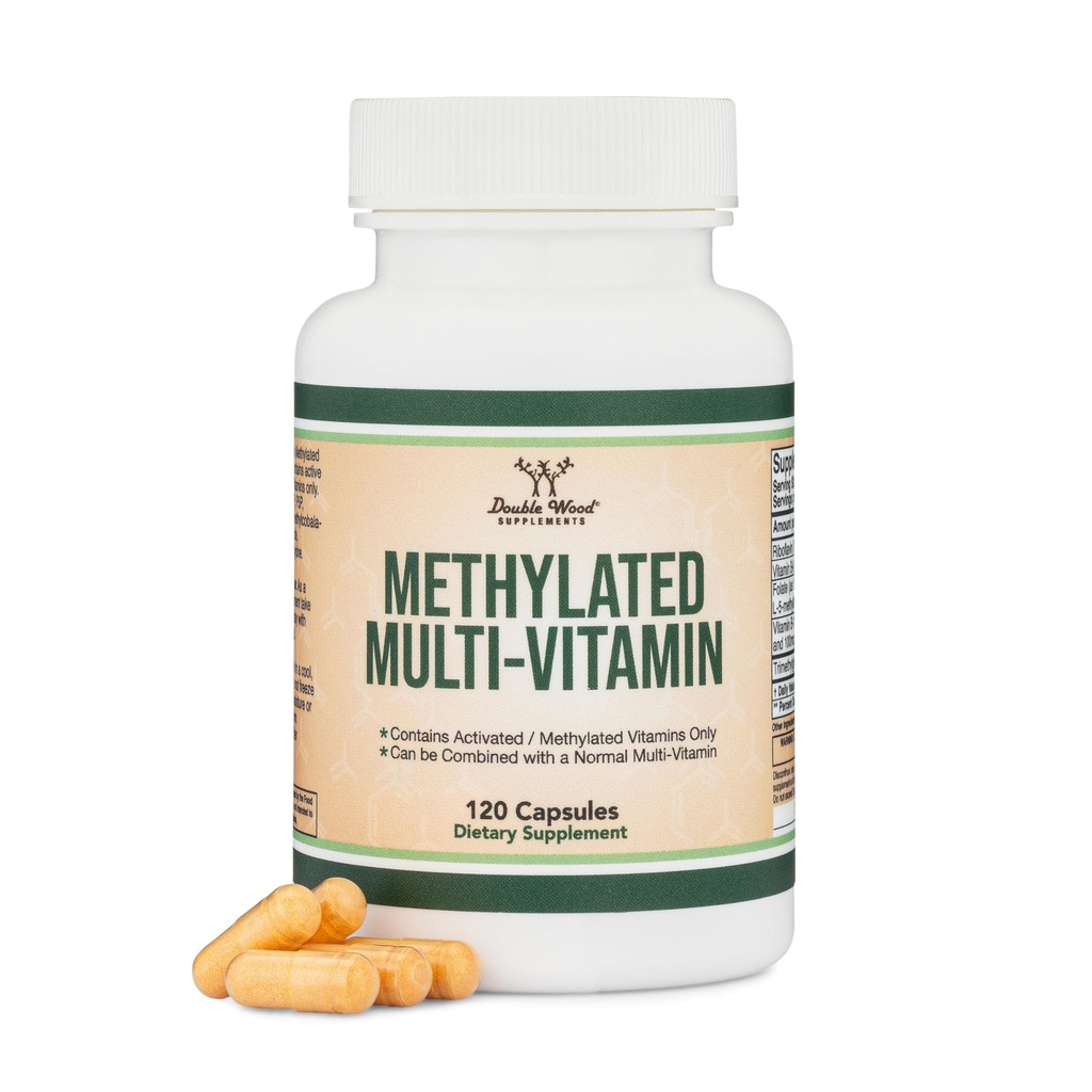 Methylerede multivitaminer (kun methyl- og aktiverede vitaminer - Methyleret B-kompleks med trimethylglycin (TMG) og methylfolat) (ikke- GMO, Gluten Free MTHFR supplement) 120 Kapsler med dobbelt træ