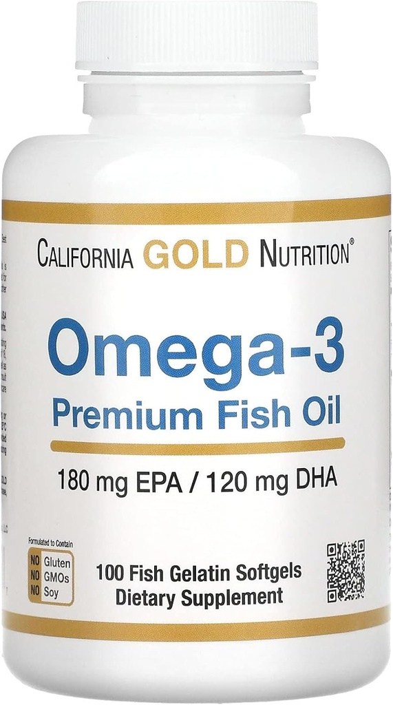 California Gold Nutrition Omega-3 Premium Fish Oil, Koncentreret formel med EPA & DHA, Støtte til Optimal Lipid Profile & Immunsystem, Gluten Free, Non- GMO, 100 Fish Gelatine Softgels
